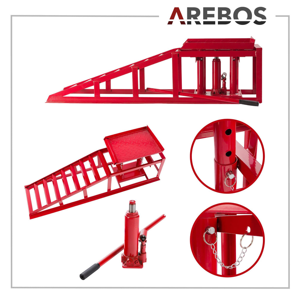 2 Auffahrrampen mit hydraulischem Wagenheber, höhenverstellbar von 290 bis 375 mm, Belastbarkeit 2 t, für PKW und Kleintransporter