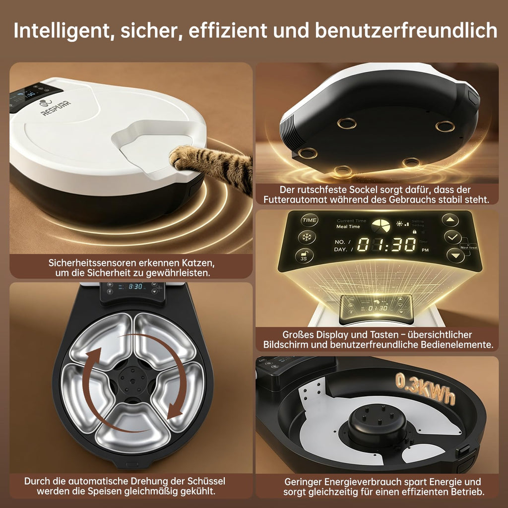 Automatischer Nassfutterautomat für Katzen mit Kühlung und Heizung, 5 Edelstahlschalen 304, 1,25 L, 3 Tage Frische