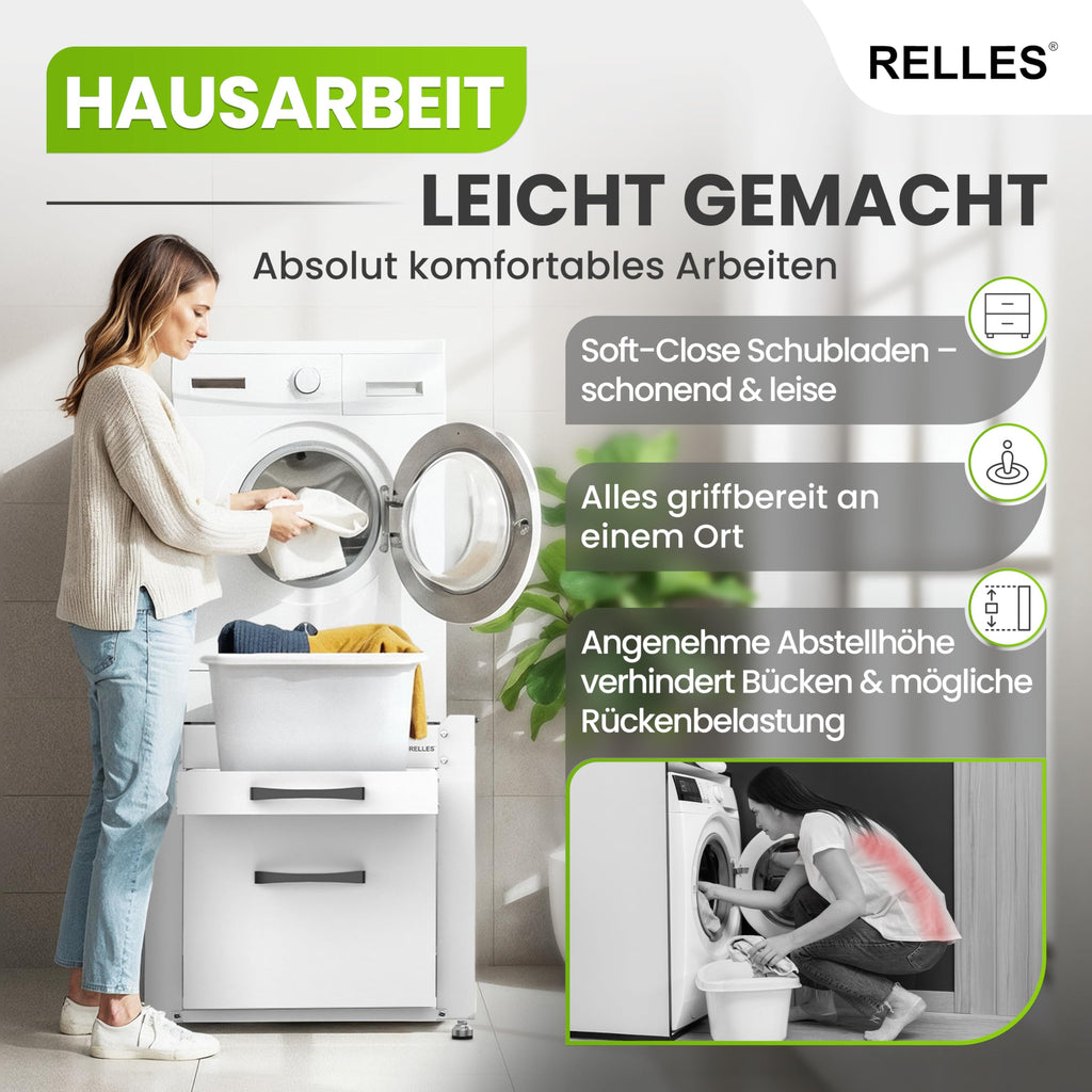 Untergestell für Waschmaschine und Trockner mit Schublade und Ablage, 500 kg Tragkraft, Stahl, 62x62x57,5 cm, höhenverstellbare Füße