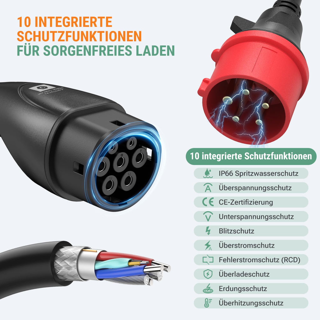 Mobile Wallbox 11 kW mit App-Steuerung, 400 V, 8-16 A, 3-phasig, 7,6 m Typ-2-Ladekabel, IP66, OLED, inkl. Transporttasche und Wandhalterung, schwarz