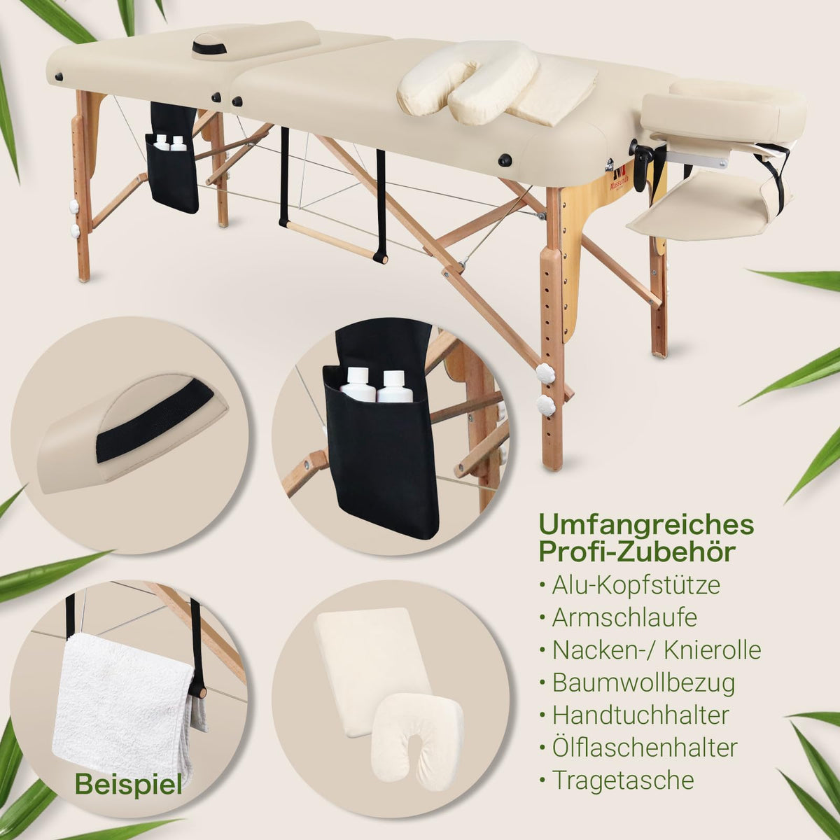 Mobile Massageliege klappbar und höhenverstellbar, extra breit 71 cm, aus Vollholz mit Kopfstütze, Armlehne und Zubehör, Creme