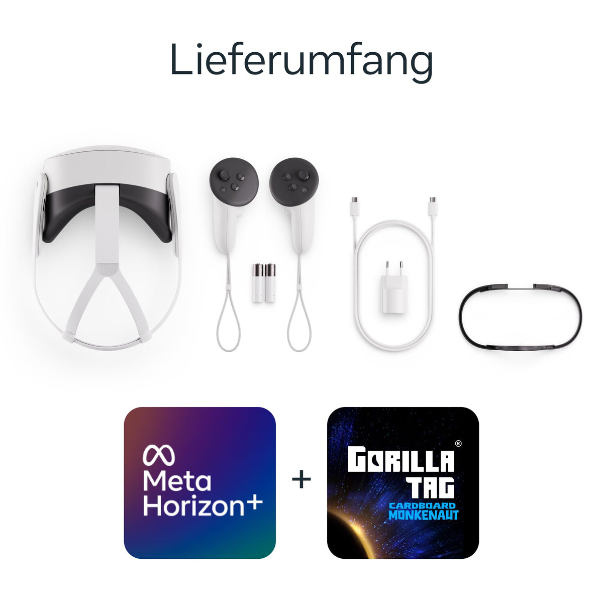 VR-Headset Meta Quest 3S 128 GB mit Gorilla Tag Cardboard Monkenaut Bundle, Virtual Reality ohne Kabel und Snapdragon XR2 Gen 2