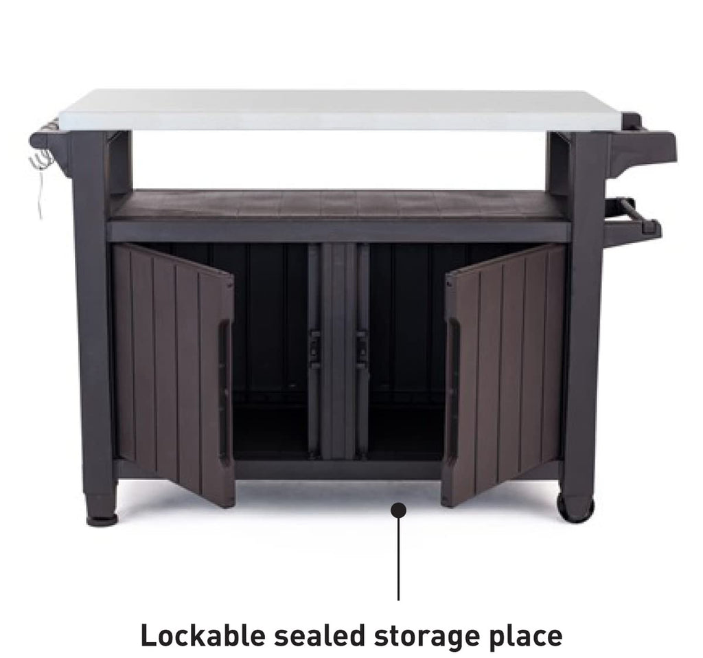 BBQ-Beistelltisch Unity XL, 134 x 51,7 x 89,6 cm, graphitgrau, wetterfest, mit Edelstahl-Arbeitsplatte, Besteckhaken, Küchenrollenhalter und