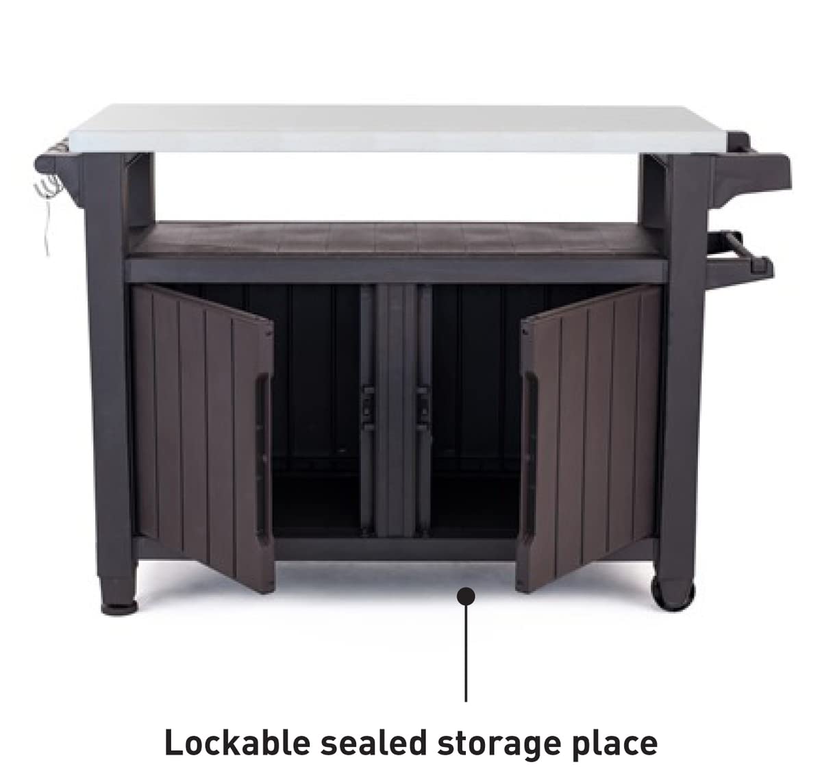 BBQ-Beistelltisch Unity XL, 134 x 51,7 x 89,6 cm, graphitgrau, wetterfest, mit Edelstahl-Arbeitsplatte, Besteckhaken, Küchenrollenhalter und