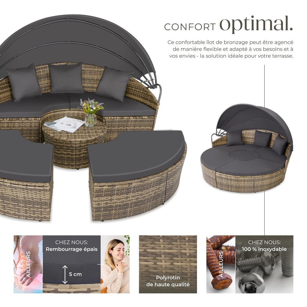 Bain de soleil jardin modulable Santorin II résine tressée 175 x 171 x 136 cm avec pare soleil pliable coussins inclus