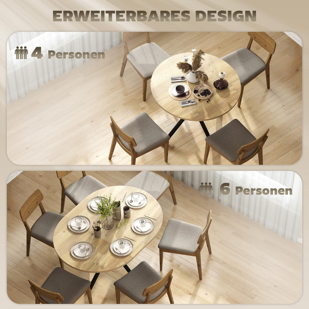 Ausziehbarer Esstisch 100/135 x 100 cm für 4–6 Personen mit Butterfly-Einlegeplatte und X-förmigem Gestell