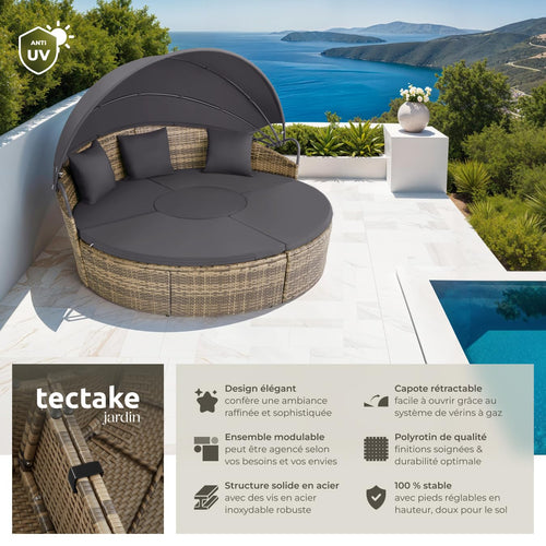 Bain de soleil jardin modulable Santorin II résine tressée 175 x 171 x 136 cm avec pare soleil pliable coussins inclus