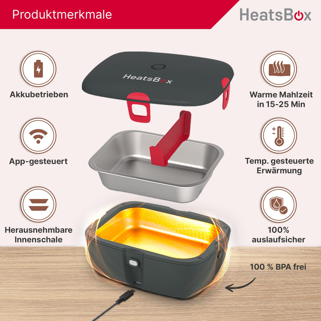 Elektrische Lunchbox mit Akku und App-Steuerung, 925 ml Edelstahl-Innenschale, auslaufsicher, 100 Watt