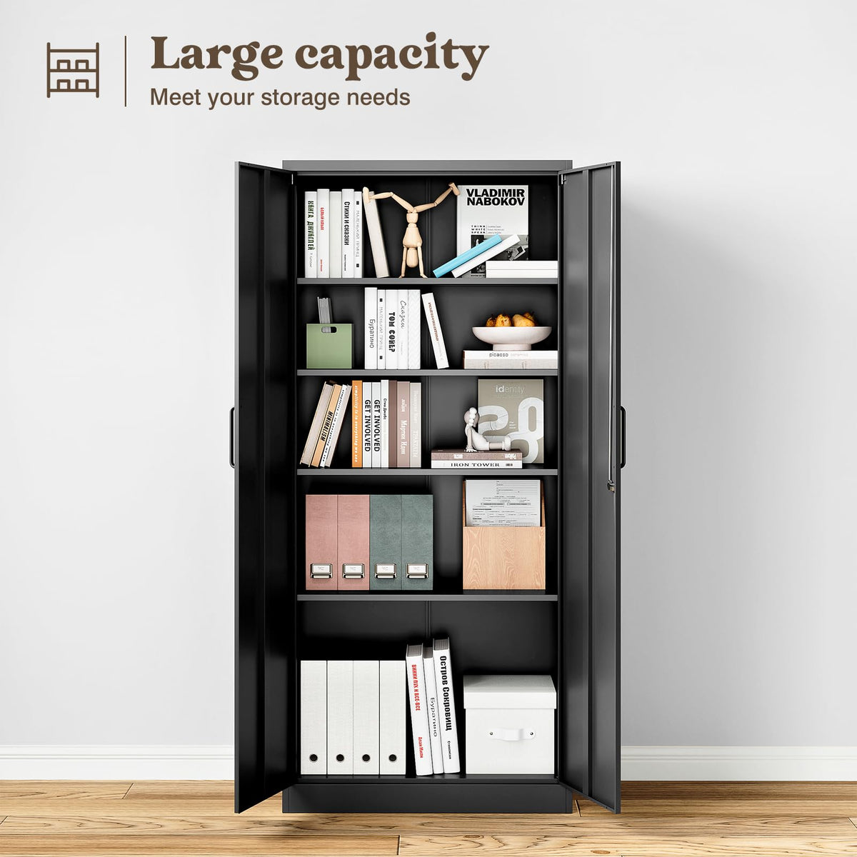 Aktenschrank abschließbar mit 2 Türen und 4 verstellbaren Einlegeböden, Stahlschrank 170x78x39 cm in Schwarz