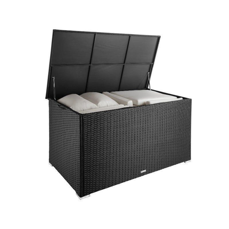 Coffre de jardin rangement extérieur polyrotin 750 L aluminium 145 x 82,5 x 79,5 cm couvercle rabattable