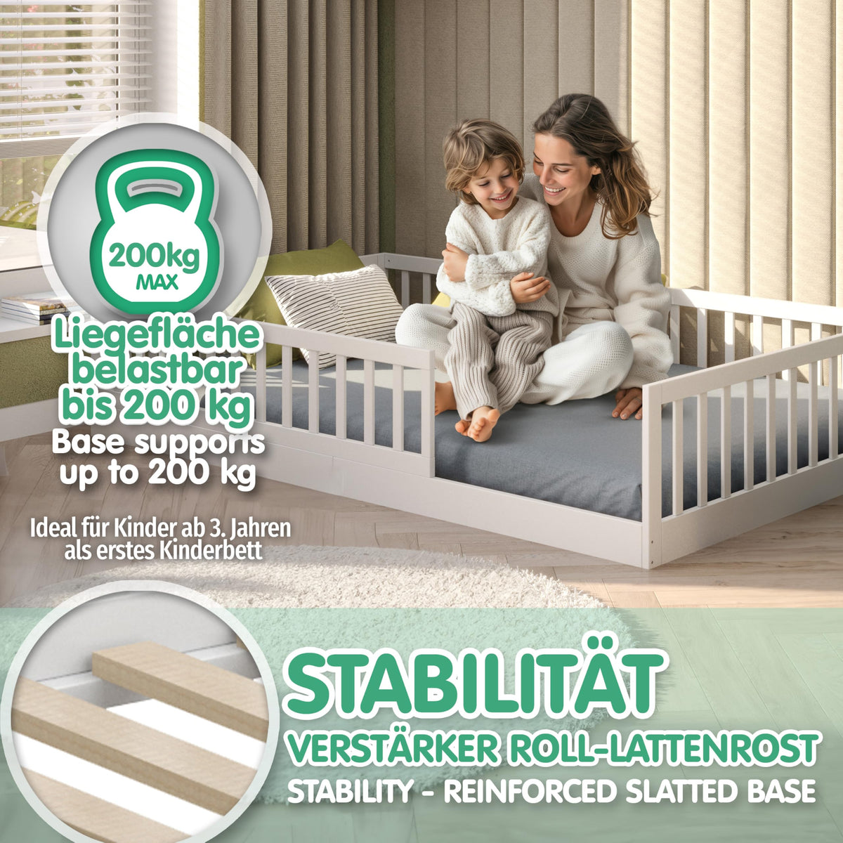 Bodenbett 120x200 cm aus Kiefernholz in Weiß mit abnehmbarem Rausfallschutz und Roll-Lattenrost, bis 200 kg belastbar