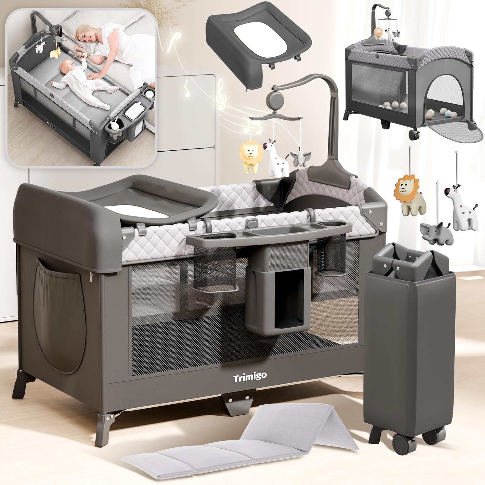 Lit bébé pliable UP650S réglable en hauteur avec moustiquaire table à langer fonction cododo et voyage 120x70x76 cm
