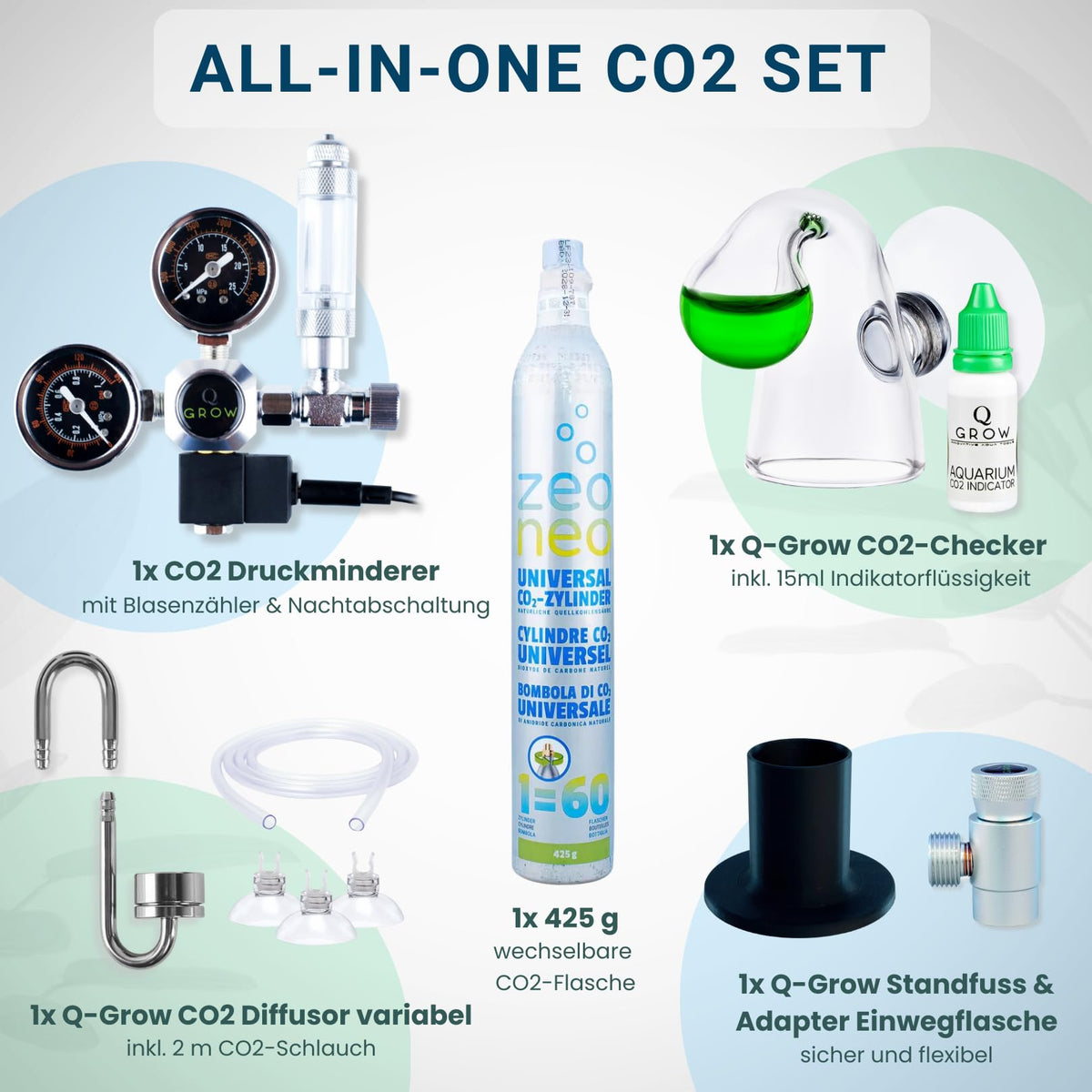 CO2 Anlage Aquarium Komplettset mit 425 g CO2 Flasche Druckminderer Diffusor Dauertest für Aquarien 20 bis 1000 L