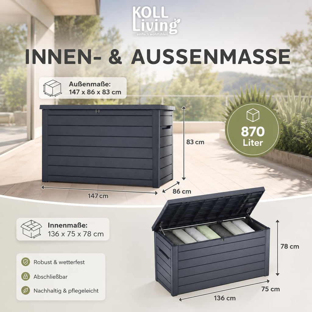Auflagenbox 870 L in Holzoptik, abschließbar und wasserdicht mit Belüftung, Deckel bis 50 kg belastbar