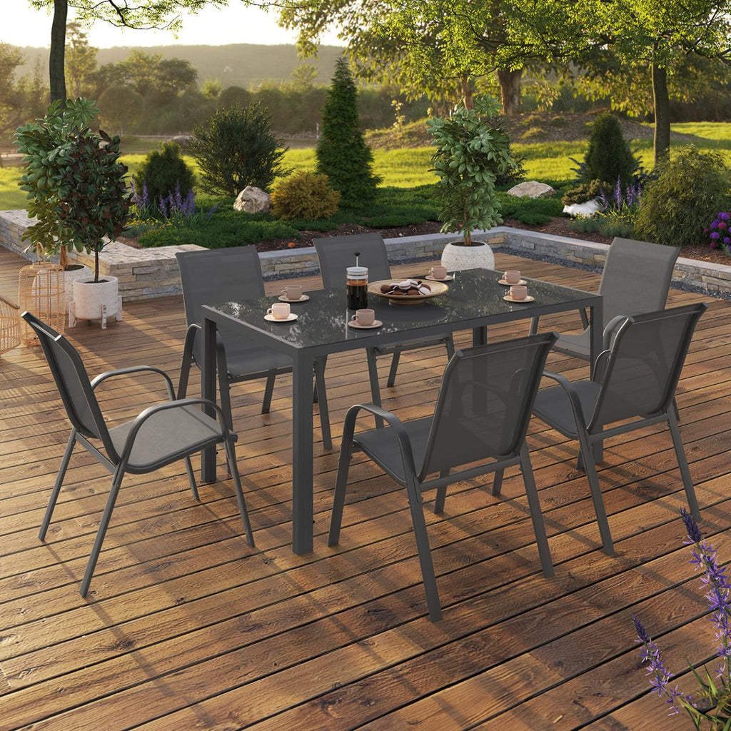 Salon de jardin Madrid table 150 cm avec 6 chaises empilables acier gris anthracite modèle 4113