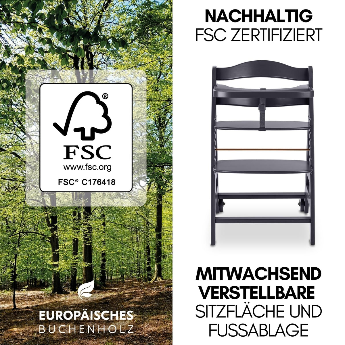 5-in-1 Hochstuhl Beta+ Newborn Set mit Deluxe Bouncer, Sitzpolster und Essbrett, aus FSC-zertifiziertem Buchenholz, Dark Grey