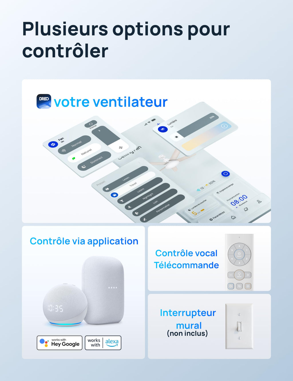 Ventilateur de plafond intelligent 132 cm avec lumière LED dimmable 12 vitesses moteur DC télécommande et contrôle APP