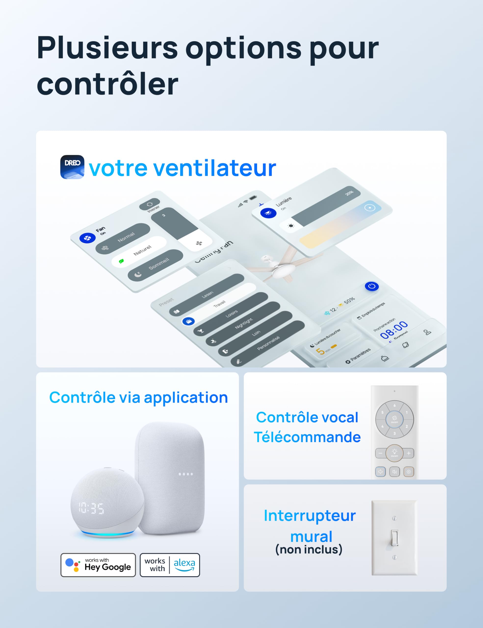 Ventilateur de plafond intelligent 132 cm avec lumière LED dimmable 12 vitesses moteur DC télécommande et contrôle APP