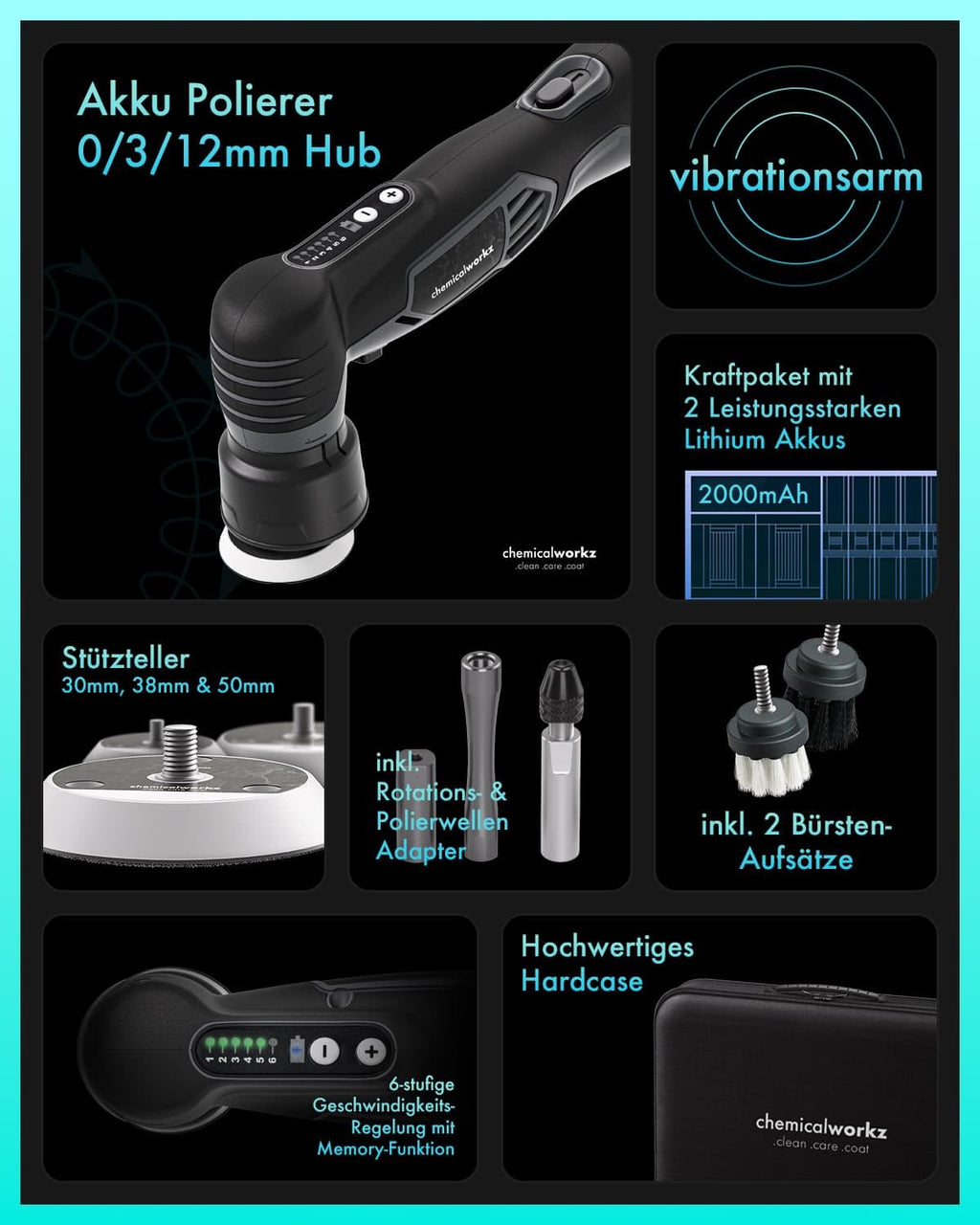 Akku Mini Poliermaschine EVO Mini 25-teiliges Set mit Exzenter- und Rotationsadapter, Stütztellern, Pads, Polierkegeln und Polituren