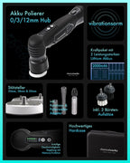 Akku Mini Poliermaschine EVO Mini 25-teiliges Set mit Exzenter- und Rotationsadapter, Stütztellern, Pads, Polierkegeln und Polituren
