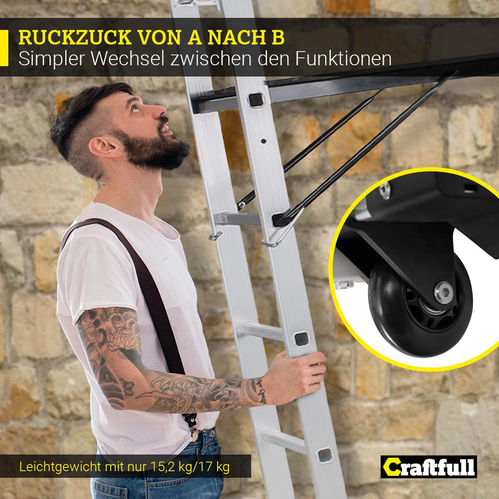 Trittleiter Rollgerüst CF-103A mit 7 Sprossen, Aluminium und Holz, 150 kg, Arbeitshöhe bis 322 cm