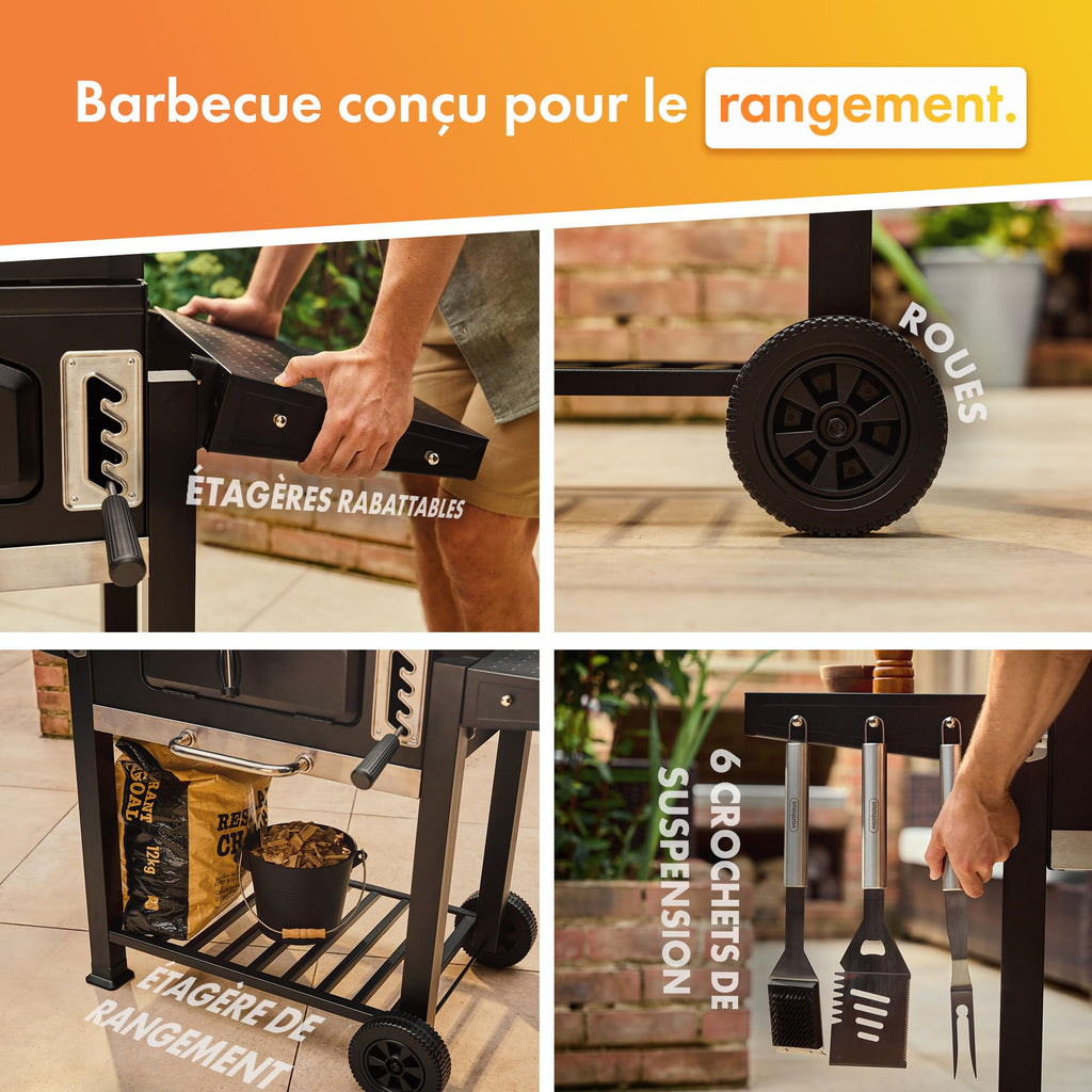 Barbecue charbon XL avec couvercle grill et fumoir 2 en 1 grille en fonte thermomètre intégré