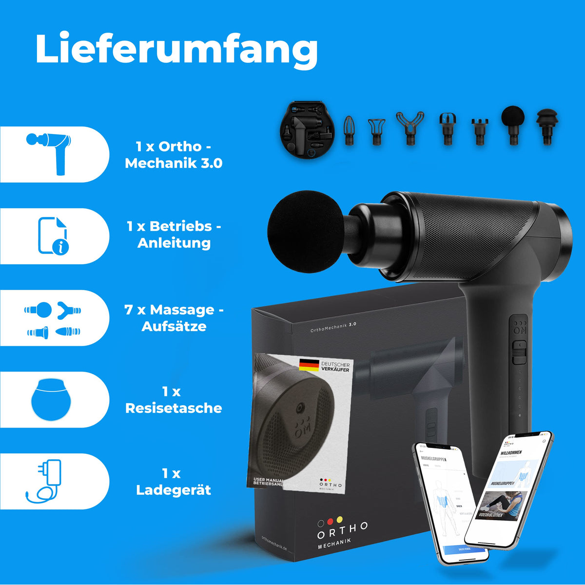 Massagepistole mit App und 7 Aufsätzen inkl. Koffer, 160-W-Motor, 5 Intensitäten, bis zu 360 Min. Laufzeit