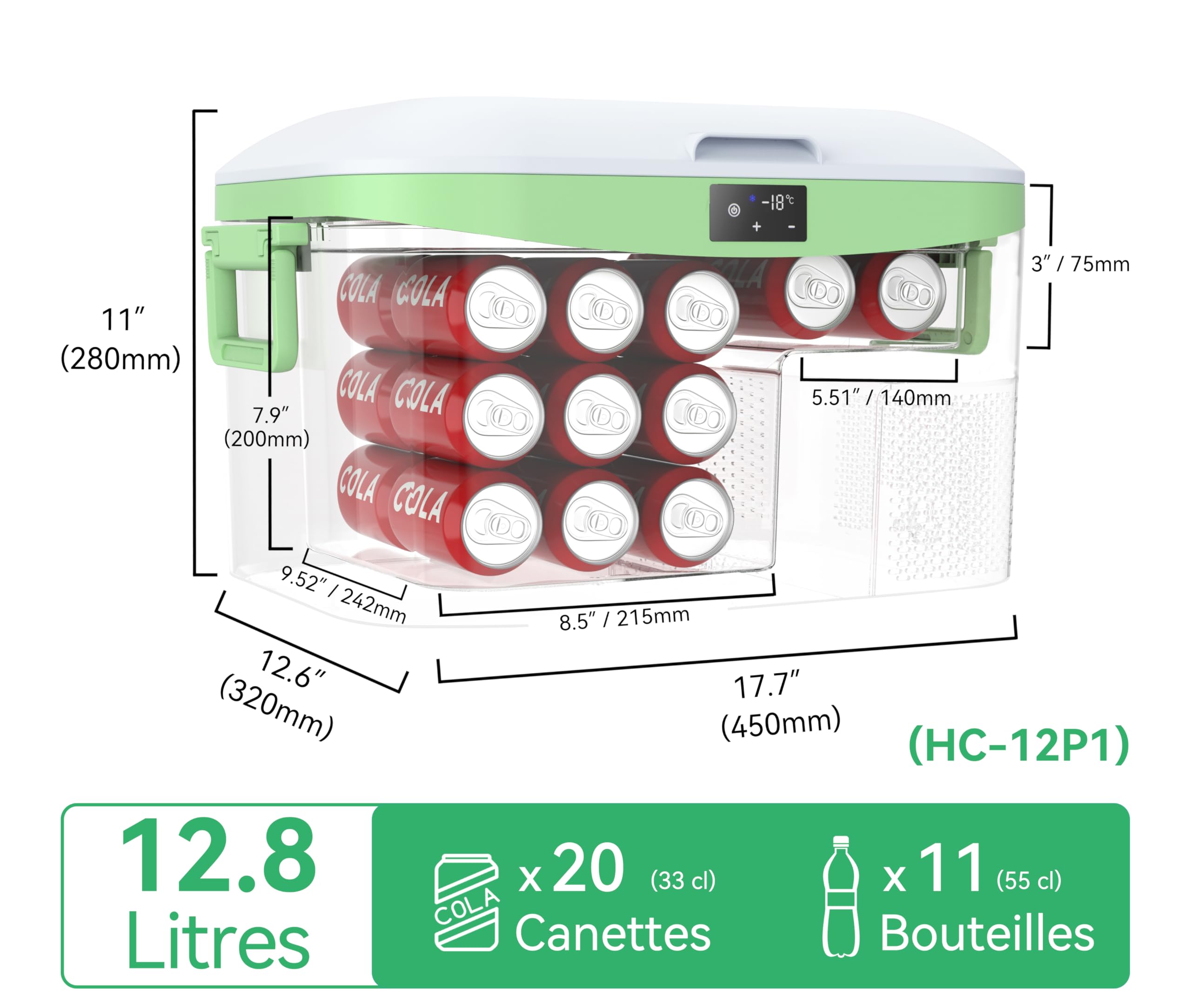 Glacière électrique à compression 12,8L avec alimentation 12V 24V 220V refroidissement jusqu'à -18°C