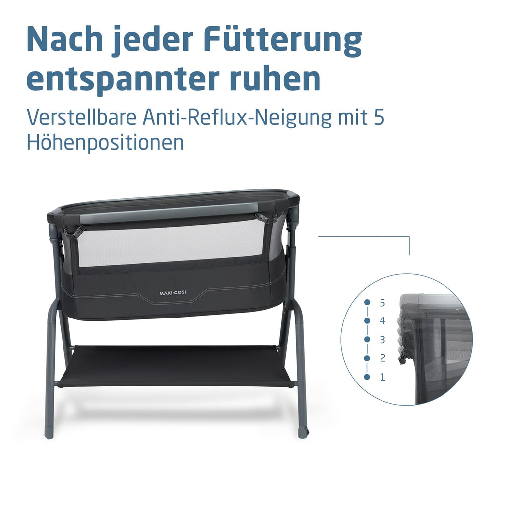 Baby Beistellbett Iora² von 0-6 Monaten mit CloudCore-Matratze, 5 Höhenstufen und Easy Slide, klappbar mit Rollen und Tragetasche, Elegance Graphite