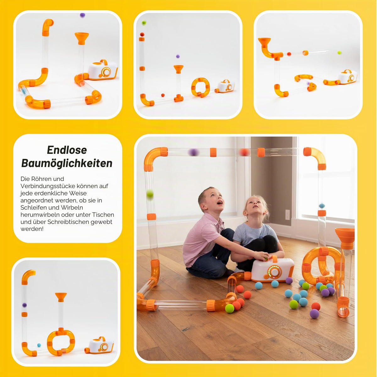 Luftbetriebenes STEM-Spielzeug mit Turbine und modularen Röhren für Kinder ab 3 Jahren, inklusive 20 Schaumstoffbälle