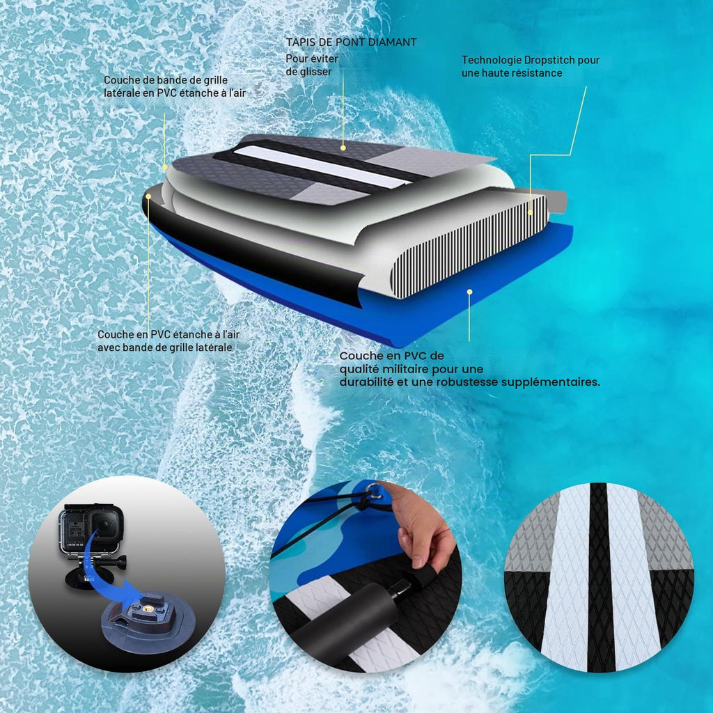 Planche SUP gonflable 330 x 76 x 15 cm avec siège kayak pagaie réglable 3 ailerons support caméra charge 150 kg