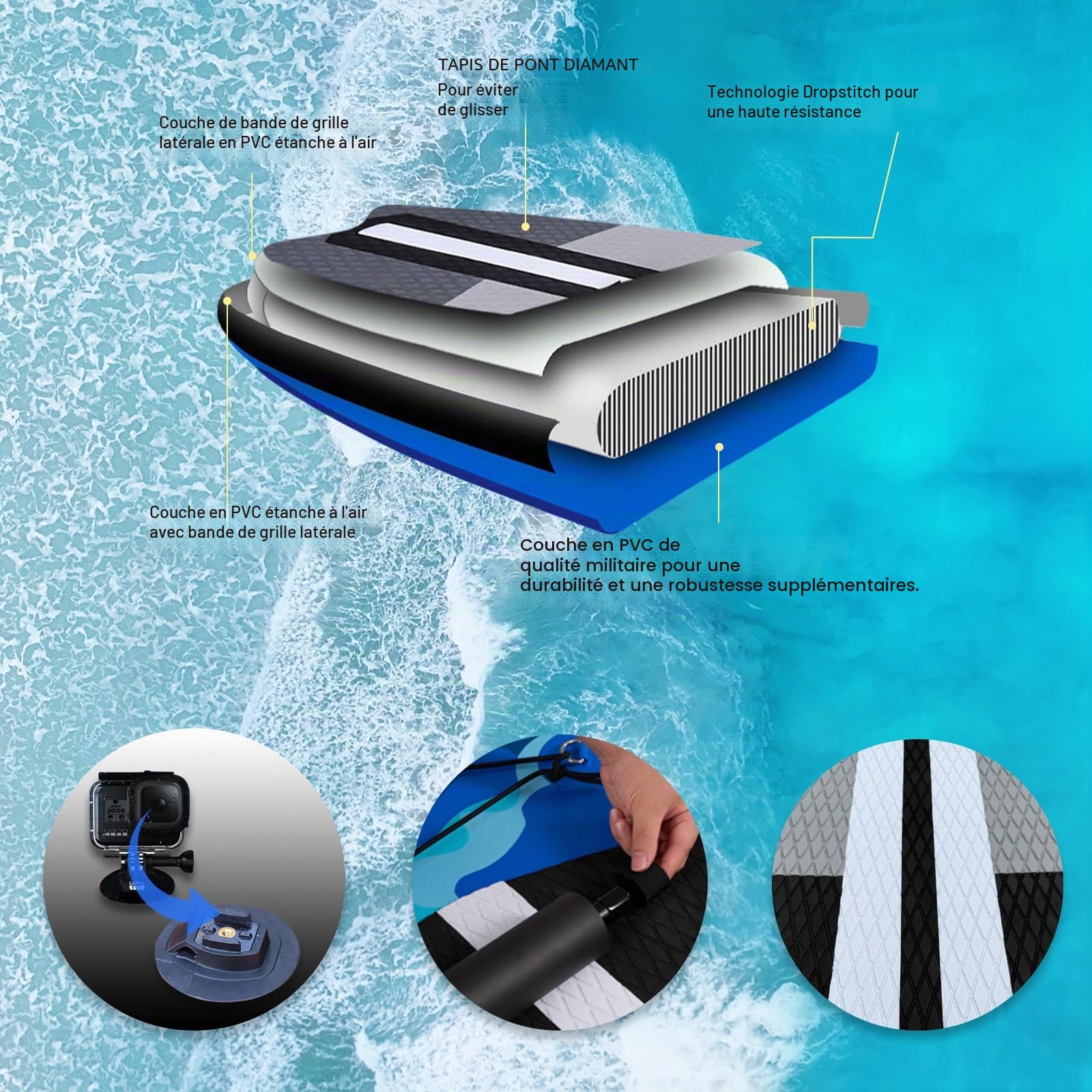 Planche SUP gonflable 330 x 76 x 15 cm avec siège kayak pagaie réglable 3 ailerons support caméra charge 150 kg