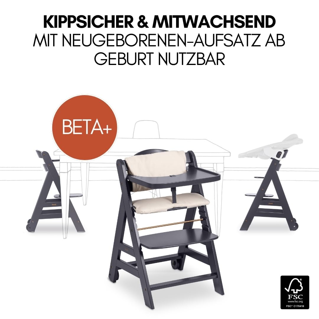 5-in-1 Hochstuhl Beta+ Newborn Set mit Deluxe Bouncer, Sitzpolster und Essbrett, aus FSC-zertifiziertem Buchenholz, Dark Grey