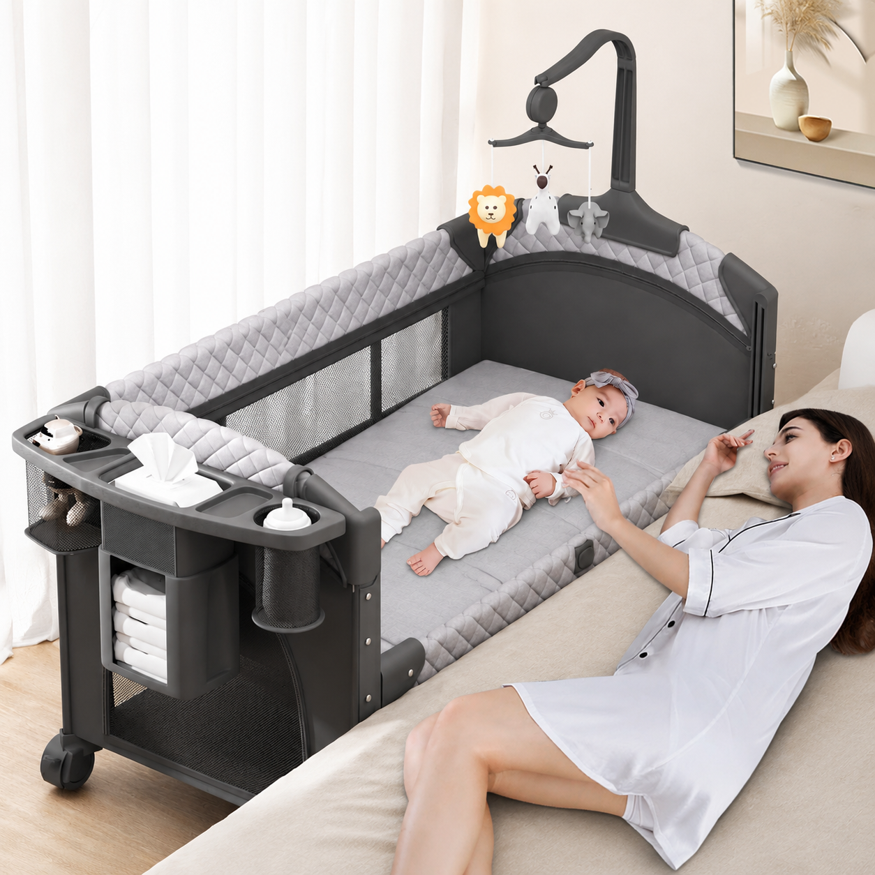 Lit bébé pliable UP650S réglable en hauteur avec moustiquaire table à langer fonction cododo et voyage 120x70x76 cm
