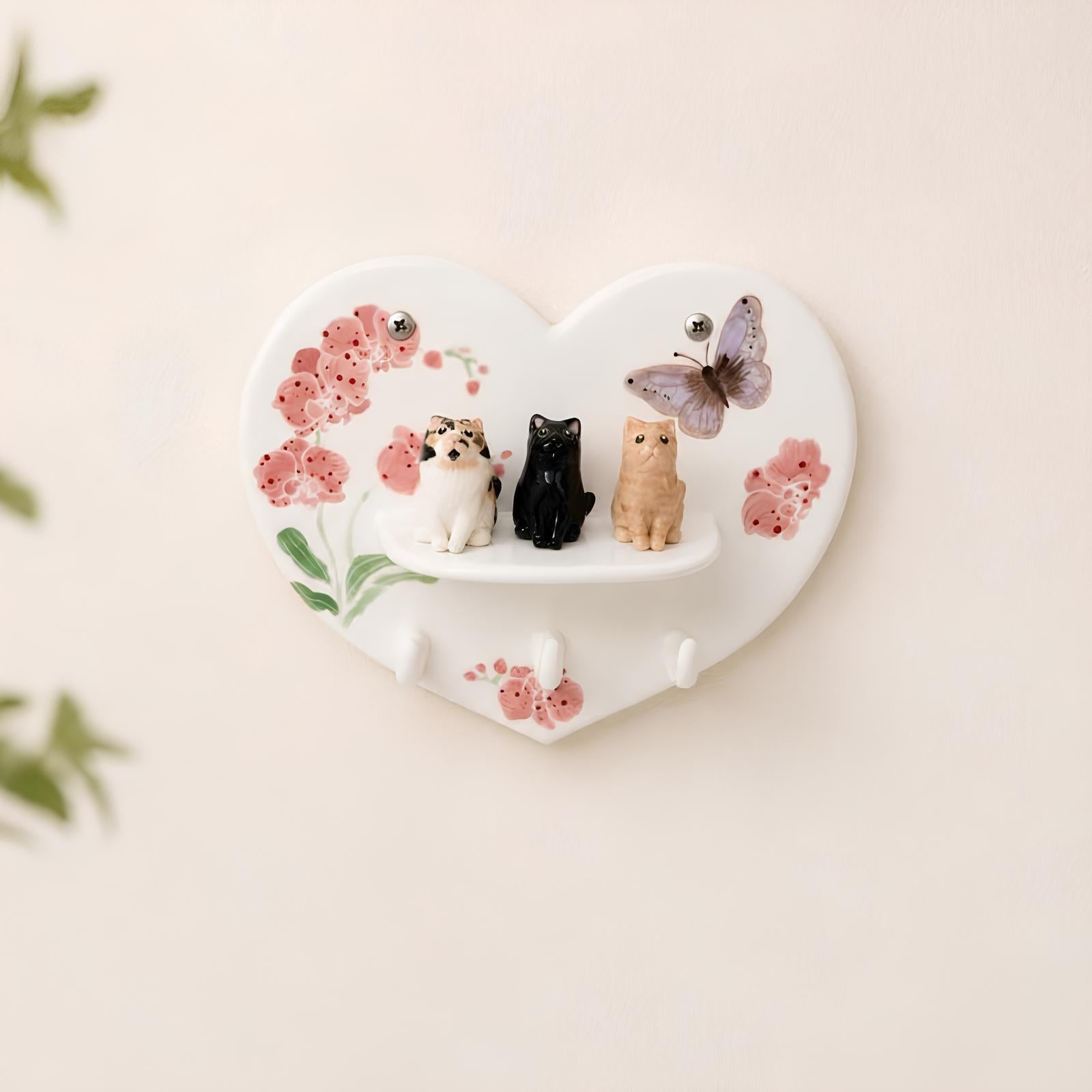 Porte-clés en céramique avec fleur d'orchidée et papillon 3D, crochet mural pour entrée, support pour laisse et étagère de rangement