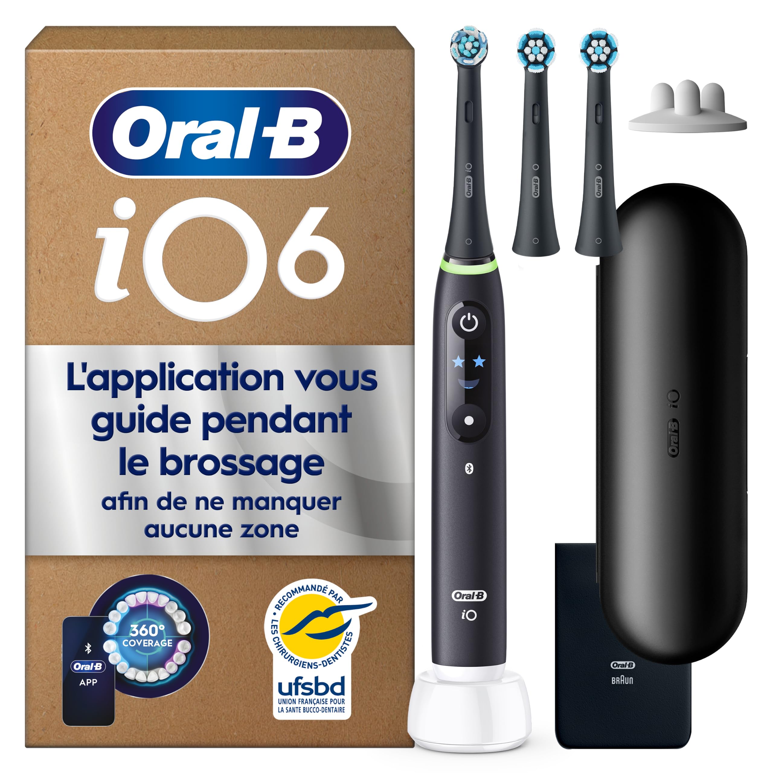 Brosse à dents électrique iO 6 avec 3 brossettes de rechange 5 modes de brossage capteur de pression écran interactif étui