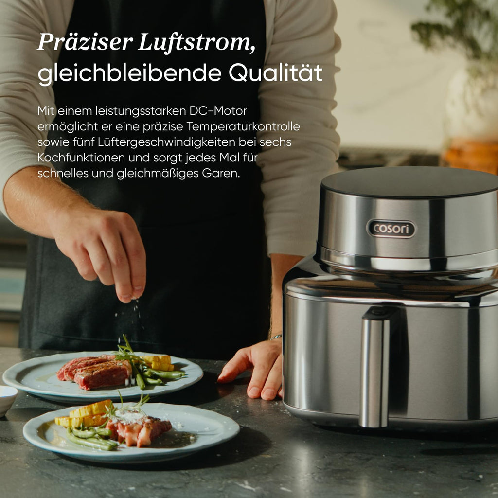 Heißluftfritteuse 6,2 L aus Edelstahl mit PFAS-freier Keramikbeschichtung und Crisp-Platte