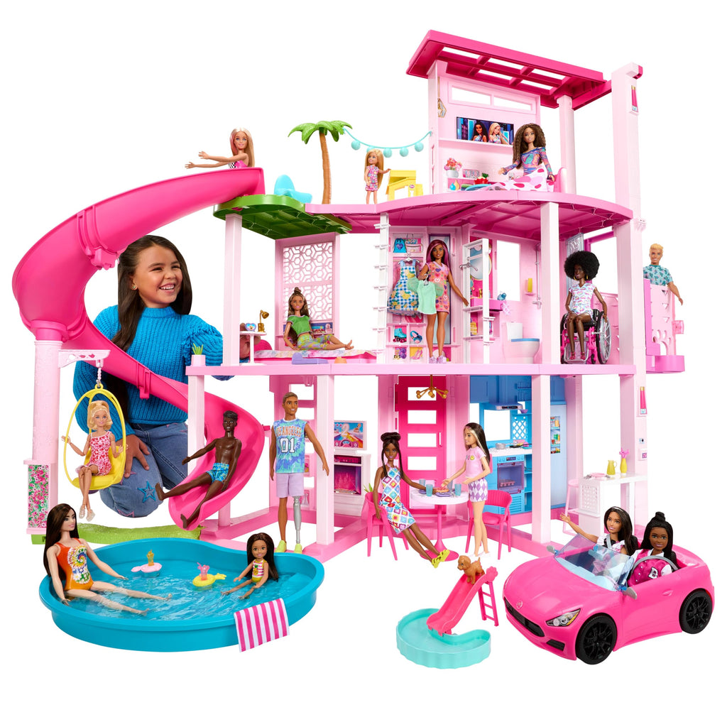 Maison de poupée enfant design 3 niveaux avec 10 espaces de jeu piscine toboggan ascenseur et 75 accessoires modèle HMX10