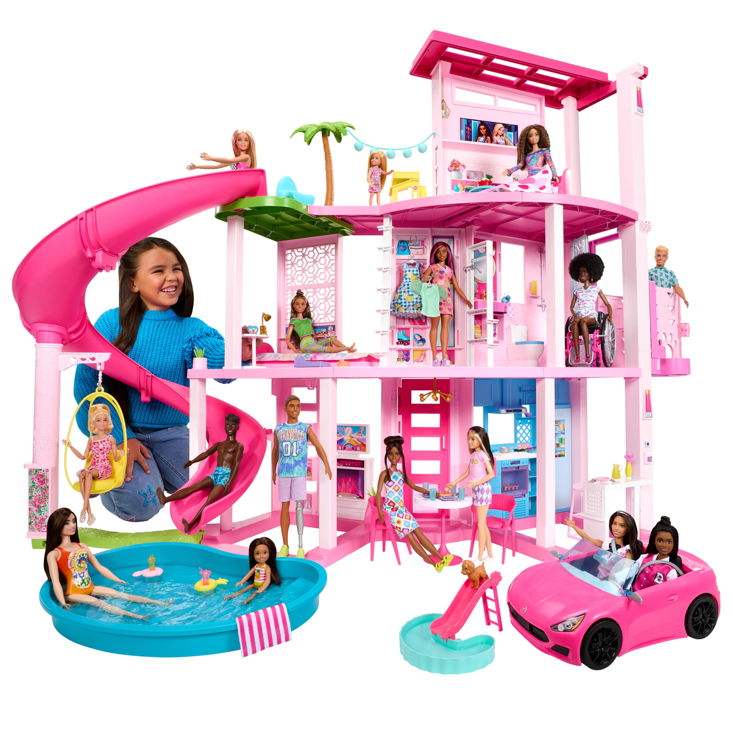 Maison de poupée enfant design 3 niveaux avec 10 espaces de jeu piscine toboggan ascenseur et 75 accessoires modèle HMX10