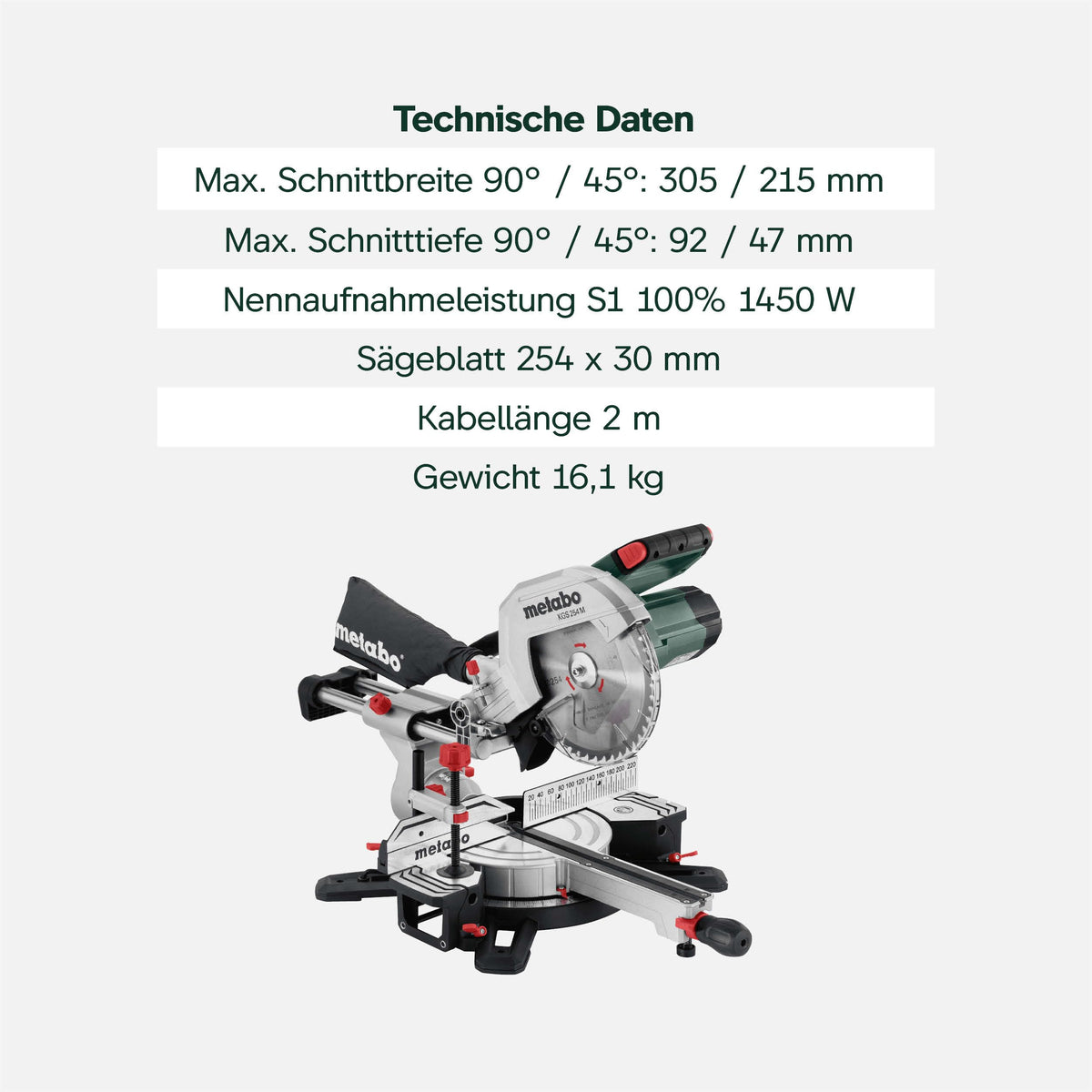 Kapp- und Gehrungssäge KGS 254 M mit Zugfunktion und 254 mm Sägeblatt, inkl. Materialklemme und Spänefangsack