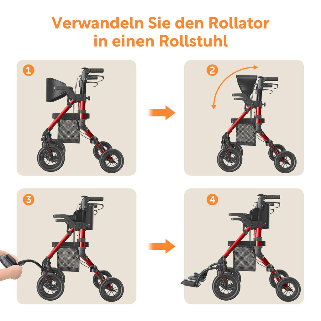 2-in-1 Rollstuhl Rollator faltbar aus Aluminium mit Sitz und Outdoor-Gummireifen, roter Gehwagen bis 136 kg