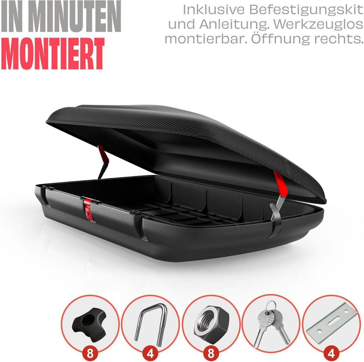 Dachbox 320 l für Auto aus Polypropylen in Schwarz mit Zentralverriegelung und Carbonlook