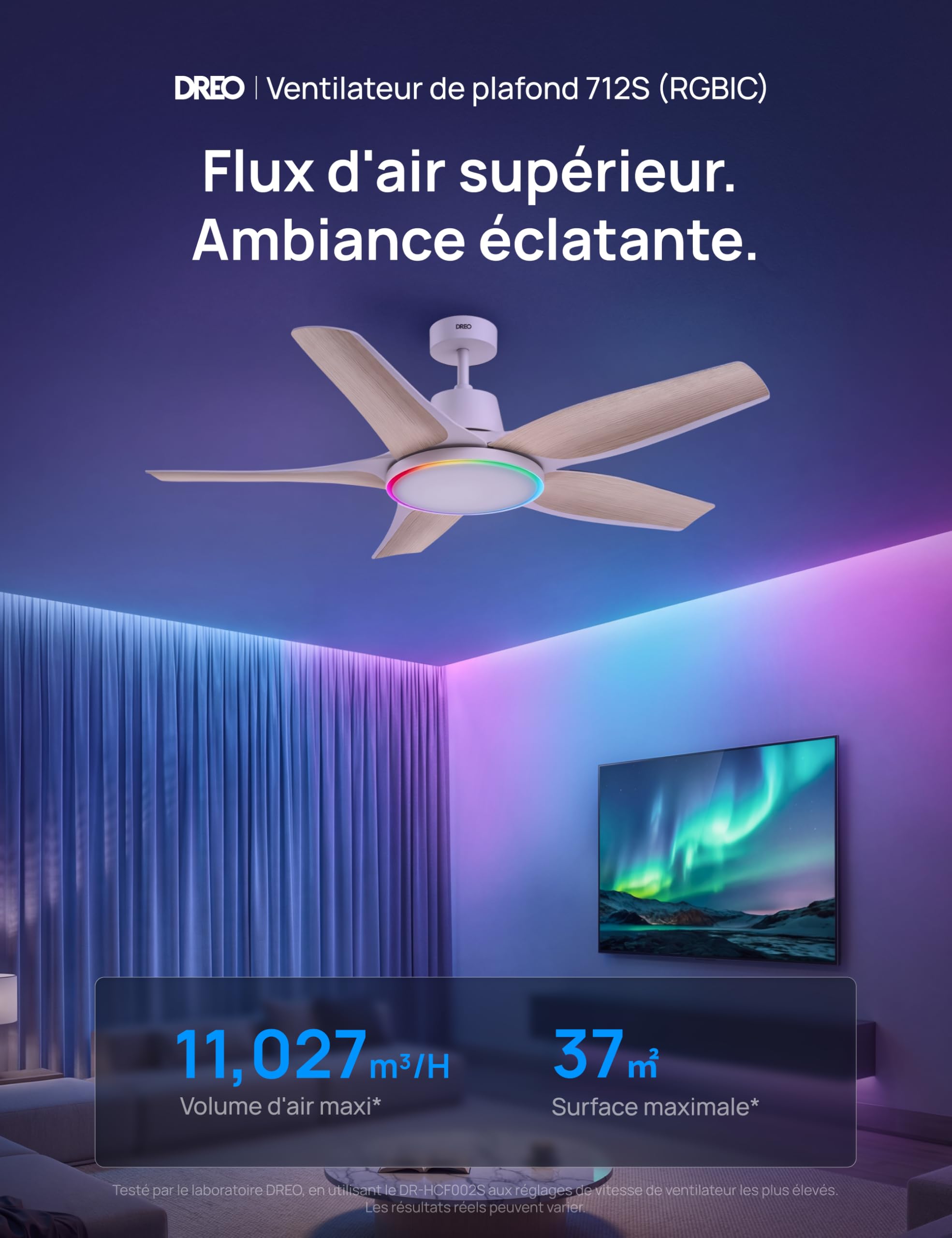 Ventilateur de plafond intelligent avec éclairage LED RGB 132 cm moteur CC silencieux contrôle APP et télécommande DR-HCF002S