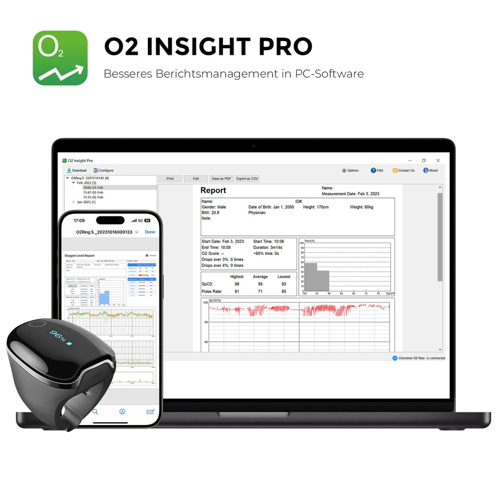 Finger Pulsoximeter O2Ring-S für die Schlafüberwachung mit Vibrationsalarm, 24 Std Akkulaufzeit, Bluetooth und 4 x 10 Std Speicher