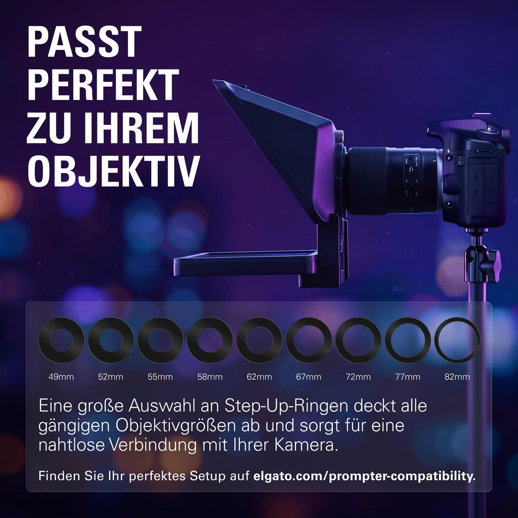 Teleprompter mit integriertem 9-Zoll-Display, 1024 x 600 px, USB-C, für Kameras mit Adapterringen 49-82 mm