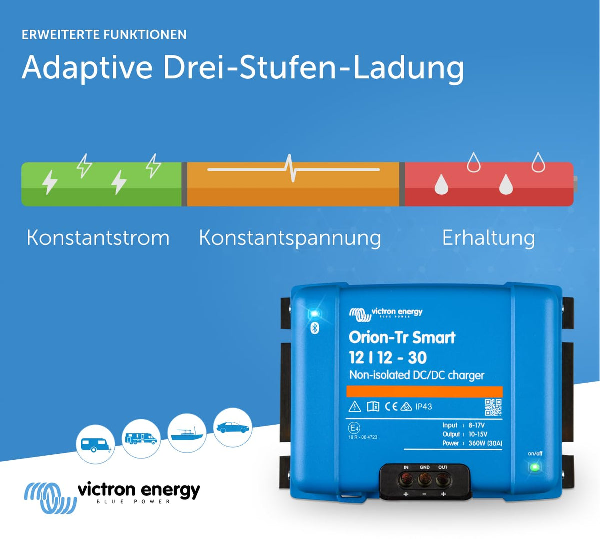 DC-DC Ladebooster Orion-Tr Smart 12/12V 30A nicht isoliert mit Bluetooth für Blei- und Lithiumbatterien