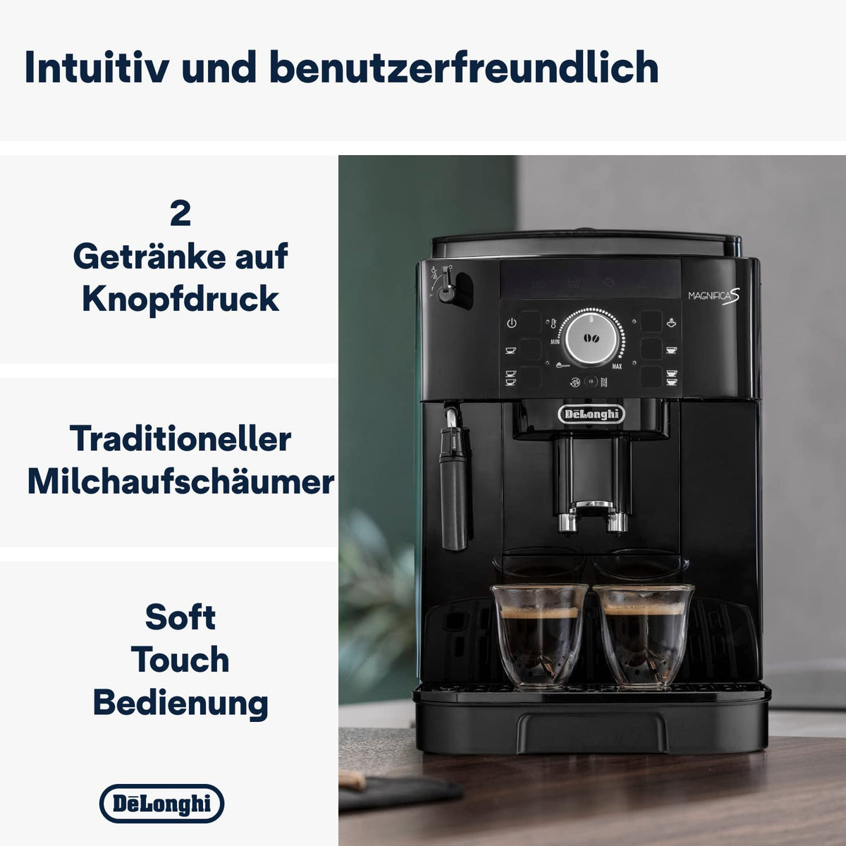 Kaffeevollautomat Magnifica S mit manuellem Milchaufschäumer und 13-stufigem Mahlwerk, schwarz
