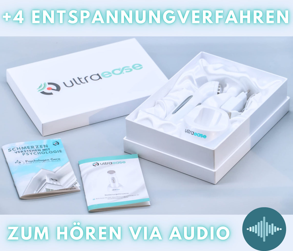 Kabelloses Ultraschallgerät für Zuhause mit Wärme, 3 Intensitätsstufen und Auto-Timer, inkl. Ladestation und Audio-Entspannungsübungen
