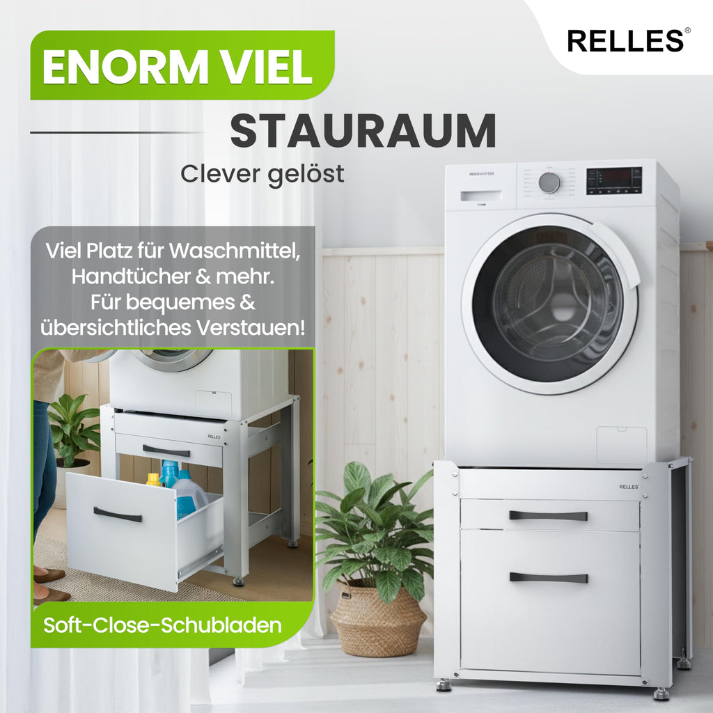 Untergestell für Waschmaschine und Trockner mit Schublade und Ablage, 500 kg Tragkraft, Stahl, 62x62x57,5 cm, höhenverstellbare Füße