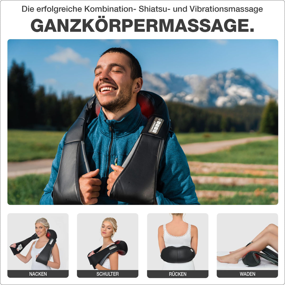 Nackenmassagegerät kabellos mit Wärme und Vibration, Shiatsu Wickelmassagegerät wiederaufladbar